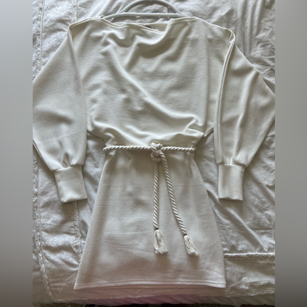 White ribbed long sleeve mini dress